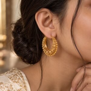 Gold-Plated Carved Bali Hoop Earrings