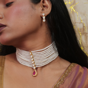 Elegant Pearl Chokar Set with Pink Pendant & Matching Earrings