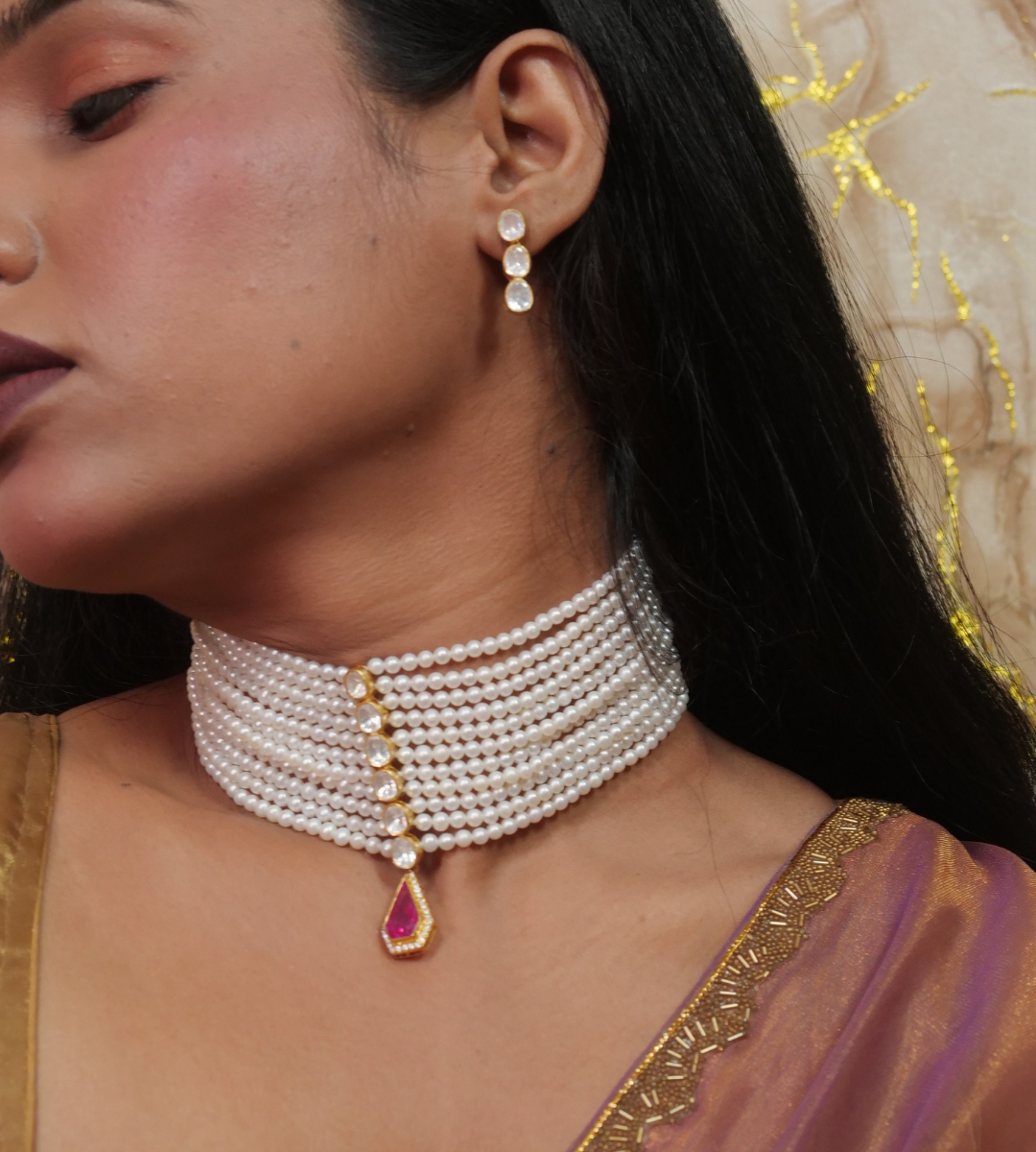 Elegant Pearl Chokar Set with Pink Pendant & Matching Earrings