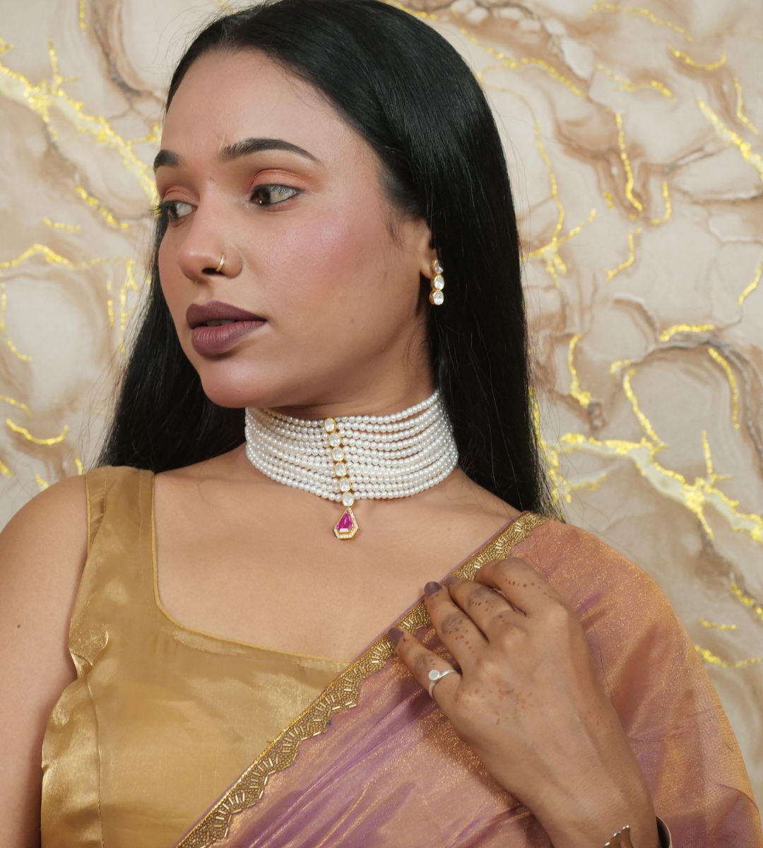 Elegant Pearl Chokar Set with Pink Pendant & Matching Earrings - Image 4