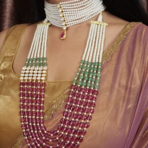 Chokar with Long Necklace Set – Pearl, Green & Pink Beads with Matching Earrings