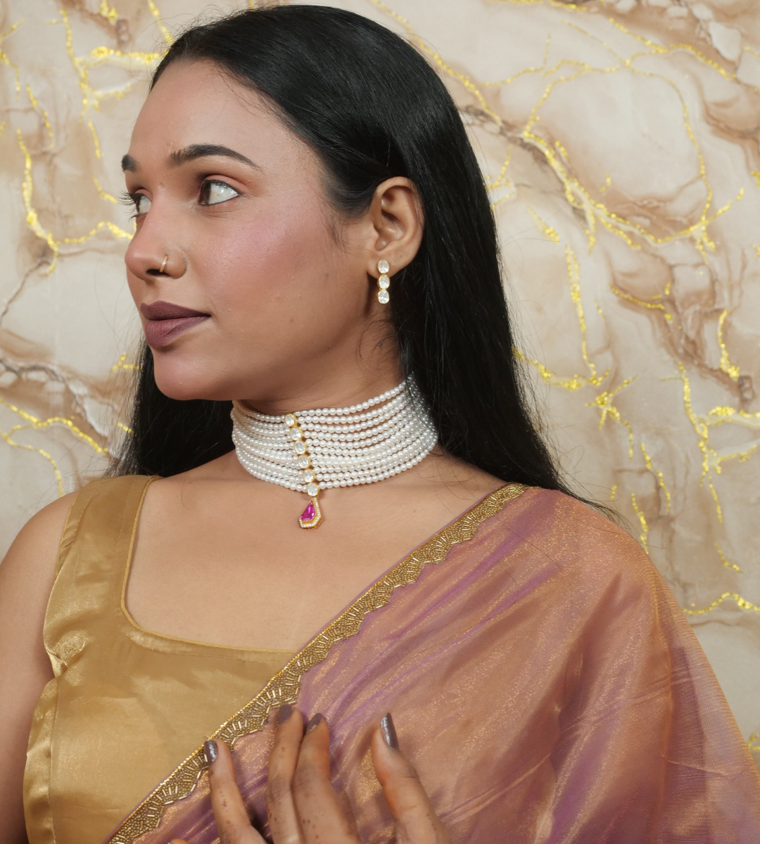 Elegant Pearl Chokar Set with Pink Pendant & Matching Earrings - Image 3