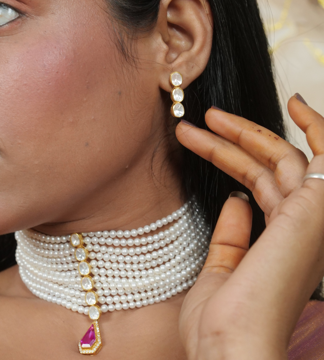 Elegant Pearl Chokar Set with Pink Pendant & Matching Earrings - Image 2